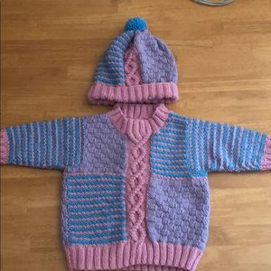 Hand knit baby sweater and hat set
